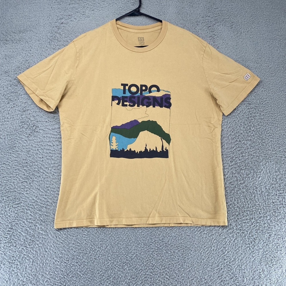 Topo Designs Shirt Mens XL Beige Mountain Graphic Tee Outdoor Hiking Nature